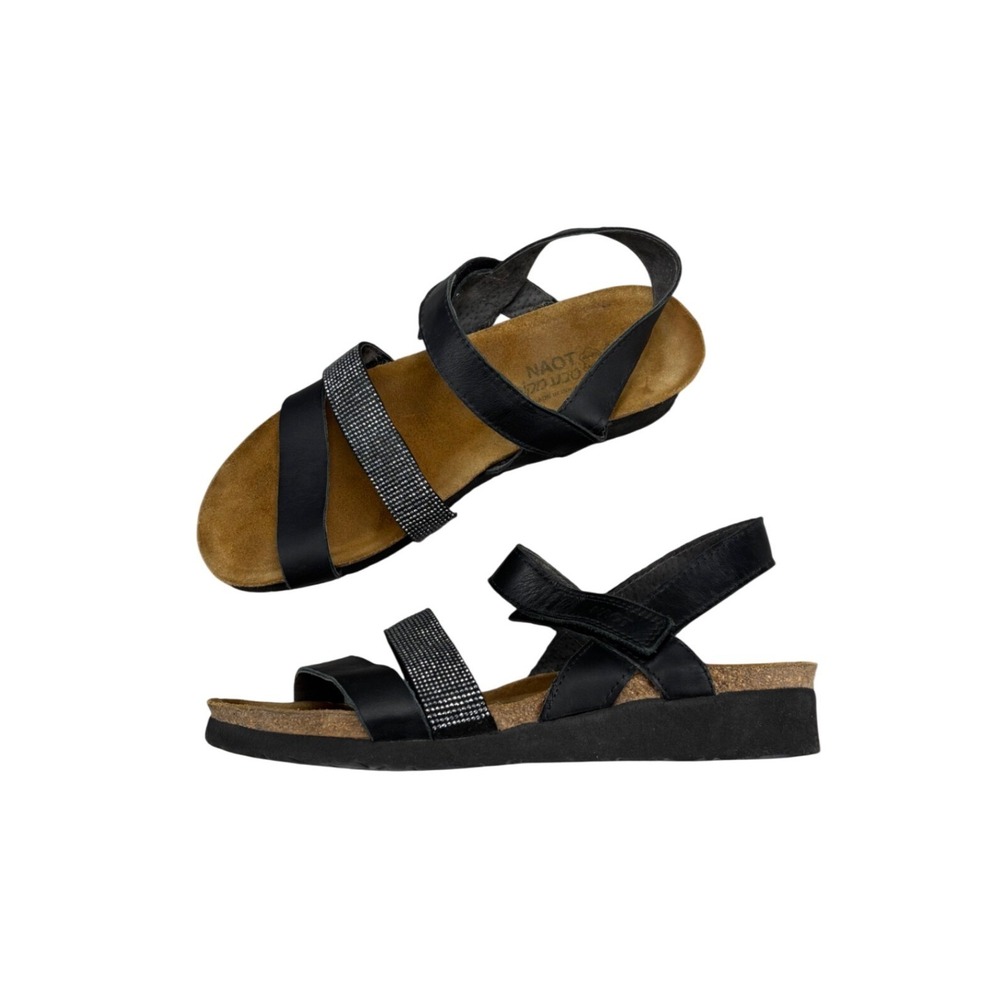 Naot Krista Sandals Black Leather Rhinestone Strappy Slide Women's Size 9 EU 40